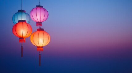 Obraz premium Colorful lanterns hanging against a twilight sky.