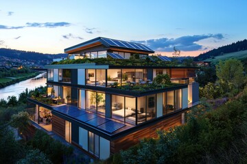Obraz premium A modern family home with solar panels, showcasing sustainable living amidst a picturesque sunset.