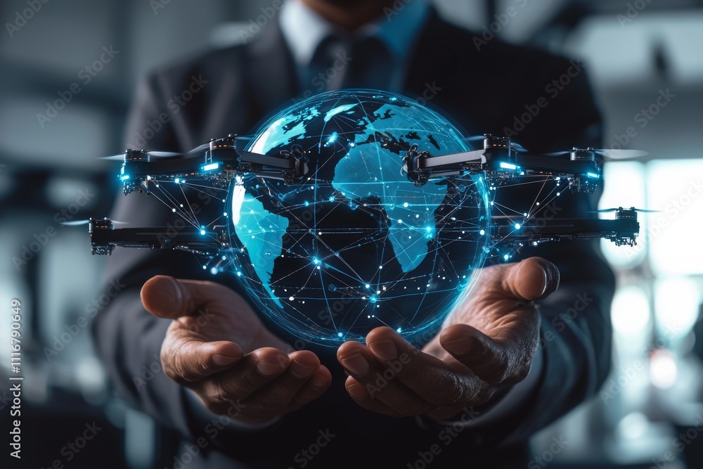 Poster a man in a suit holds a futuristic globe representing technology and connectivity, surrounded by dro