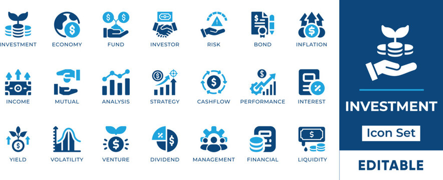 Investment Icon Set. Features editable icons for investment, finance, money, banking, stock market, and more. Perfect for business, finance, and investment-related designs.