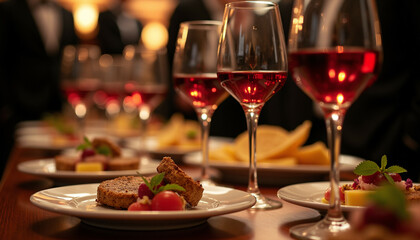 Naklejka premium Elegant dinner party with red wine and delicious dessert plates featuring fruit and cake.
