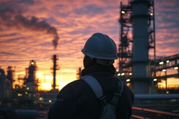 Worker in hard hat observes industrial plant at sunset, emphasizing safety and energy innovation