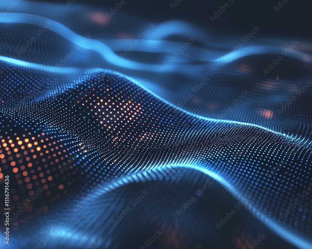 Poster abstract digital wave pattern with glowing blue and orange dots, creating a sense of depth and movem
