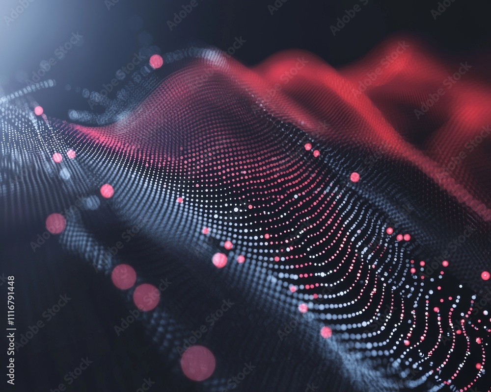 Poster abstract digital wave pattern in vibrant red and blue tones represents data visualization and techno
