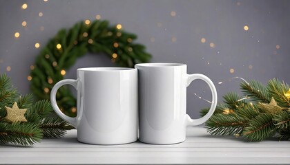 Christmas mockup one white empty tea mugs on a table and branches of a Christmas tree wreath 