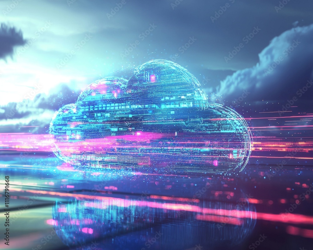 Poster a vibrant digital cloud representing cloud computing with glowing data streams and an abstract futur