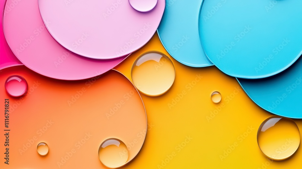 Poster vibrant abstract design featuring colorful droplets on layers of rounded shapes