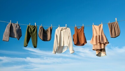 Clothesline with earth-toned garments drying on a sunny day.