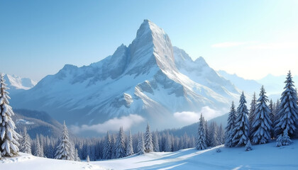 Fototapeta premium Majestic snow capped mountain peak rises above a winter wonderland of snow covered pine trees.