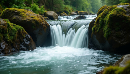 Fototapeta premium Serene waterfall cascading over moss covered rocks in a lush green forest.