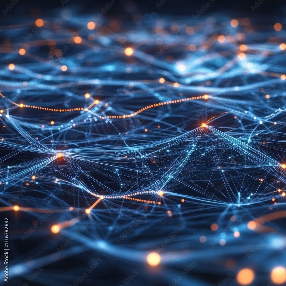Poster abstract digital network visual with glowing blue and orange lines creating a dynamic flow.