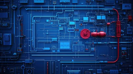 The image depicts a complex network of circuits and pathways on a blue background, featuring a prominent red component in the center.