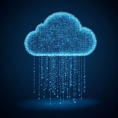 A glowing digital cloud formation with cascading data droplets, representing technology and data storage.