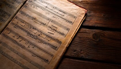 Naklejka premium Aged musical score rests on dark wood.