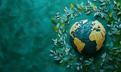 An illustration of Earth with green leaves on a teal backdrop illustrates sustainability and environmental awareness.