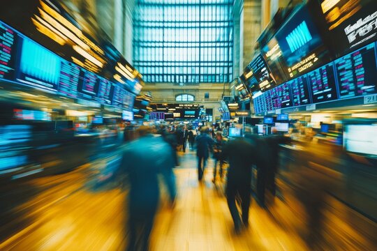 Dynamic scene of traders and investors on a busy stock exchange floor with digital displays
