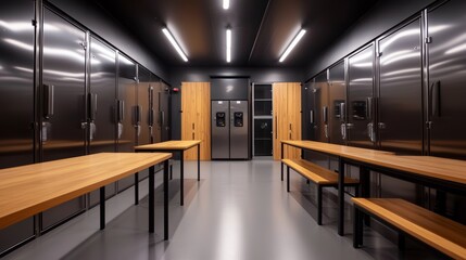 Practical hostel laundry area featuring durable folding tables, sleek coin-op machines, and metal lockers, clean lines, inviting ambiance