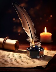 A quill pen rests on parchment near an inkwell and candle.