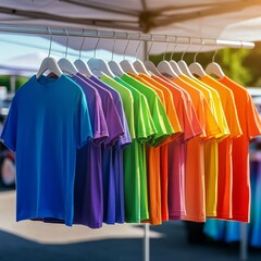 Obraz premium Colorful display of vibrant t-shirts hanging in a row, showcasing a rainbow of hues under a sunny market tent.