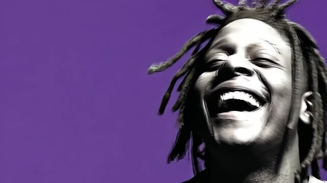 Joyful expressions: laughter and movement against a purple background