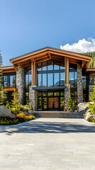Fototapeta premium Modern Aspen Mountain Lodge with Snow Peak Views and Glass Walls, Luxury Colorado Alpine Estate with Stone Details