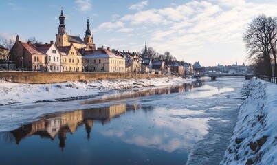 Fototapeta premium In Kuldiga, Latvia, the Venta river freezes in the cold winter morning