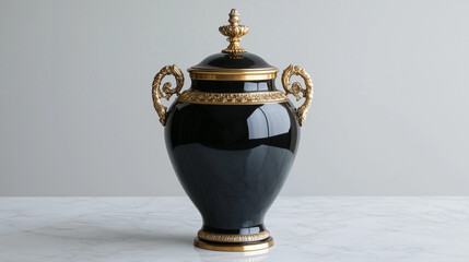 Naklejka premium Funeral urn, classic black and gold with ornate handles, standing on a polished marble surface with clear copy space above