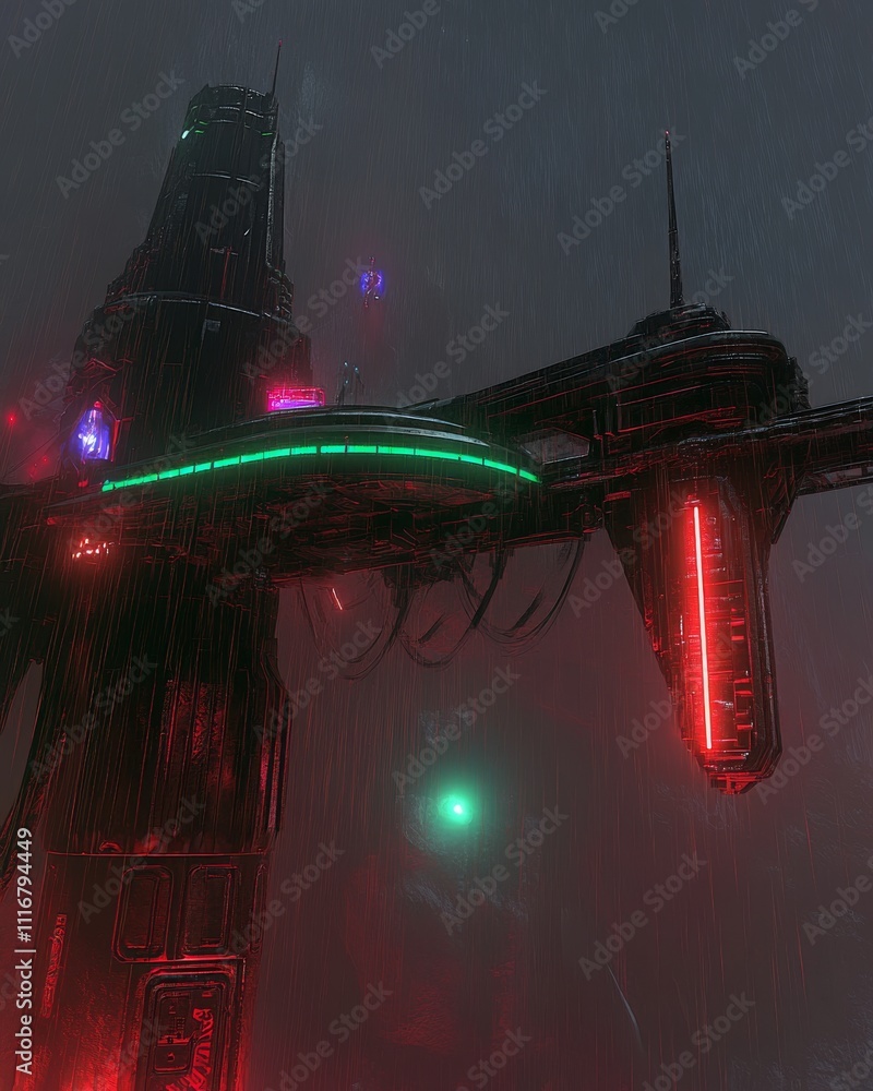 Poster futuristic sci-fi structure illuminated by neon lights under heavy rain, creating a moody atmosphere