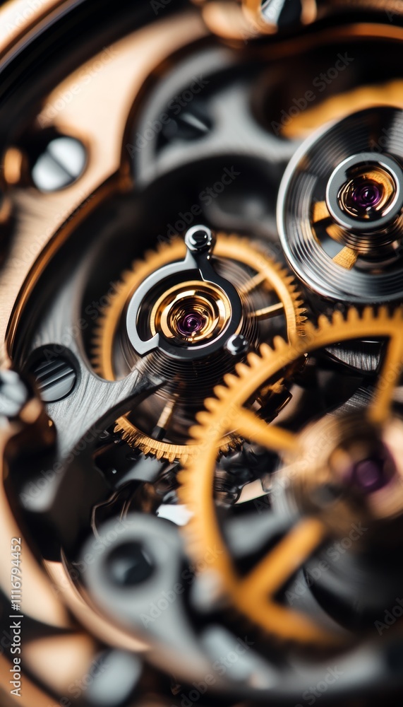 Poster close up of a skeleton wristwatch mechanism with exposed gears and timekeeping precision
