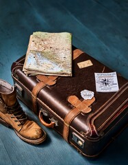 Vintage suitcase ready for adventure, map and boots.