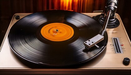 Close-up of a vintage record player with a vinyl record spinning.