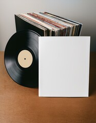 Fototapeta premium A stack of vinyl records with a blank cover and a single record.