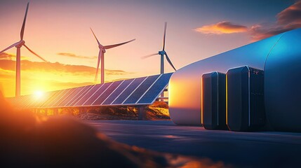 A modern battery energy storage system with wind turbines and solar panels in the background at sunset, showcasing renewable energy integration.