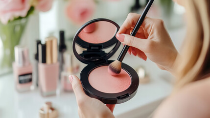 Elegant beauty ritual of a mature woman applying blush with a delicate touch in a sunlit bathroom filled with luxurious makeup products
