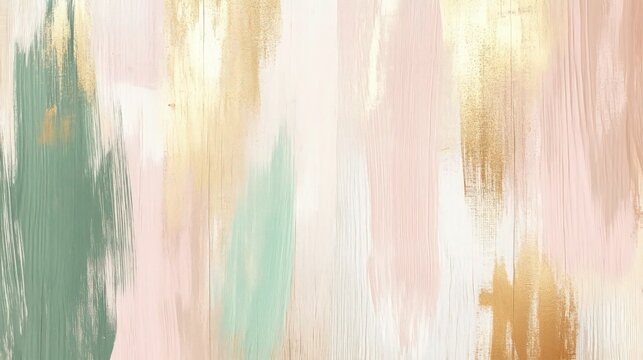 A natural wood-textured canvas with abstract brushstrokes in muted pastel colors of pink, green, and gold, blending imperfect artistic elements with a serene, rustic feel.