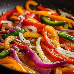 Close-up of saut?ed bell peppers and onions in a pan.
