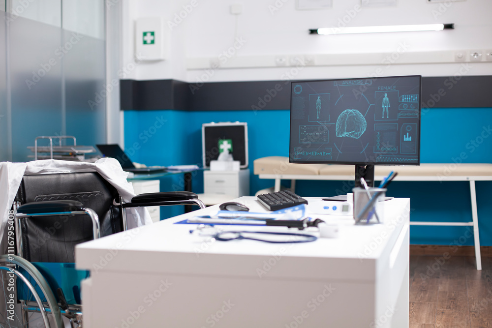 Poster unoccupied healthcare office with desktop monitor displaying brain and body scan data for neurologic
