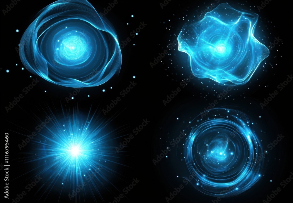Poster set of vector glowing blue abstract shapes, stars and spirals with light effects on a black backgrou