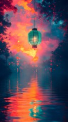 Obraz premium Serene sunset scene with hanging lantern reflected in calm water.