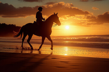 Rider on horseback enjoys a peaceful sunset along the beach while waves gently crash on the shore. Generative AI