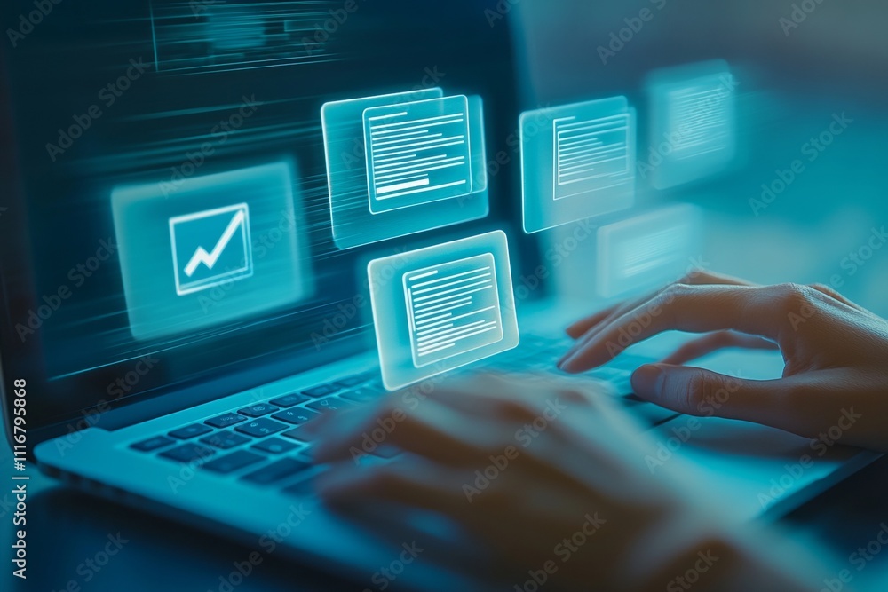 Poster hands engaged with interactive screen showcasing digital document management and ai integration