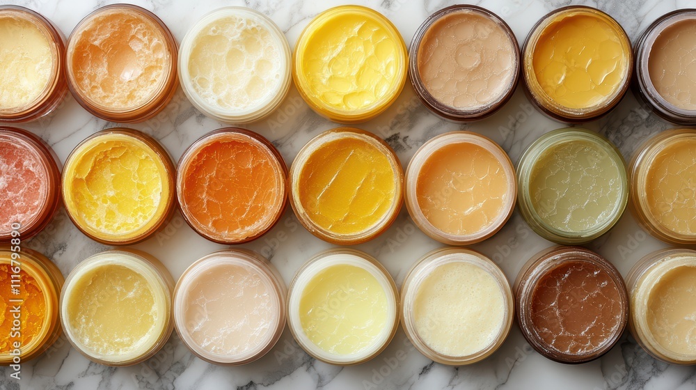 Aufkleber colorful array of creamy balm containers arranged in an artistic pattern on a marble surface