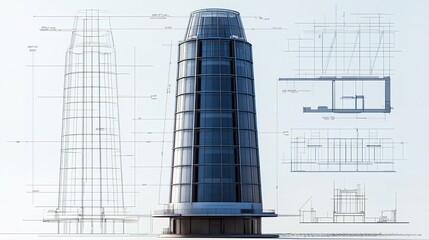 A modern architectural design featuring a sleek building model with blueprints and technical drawings.