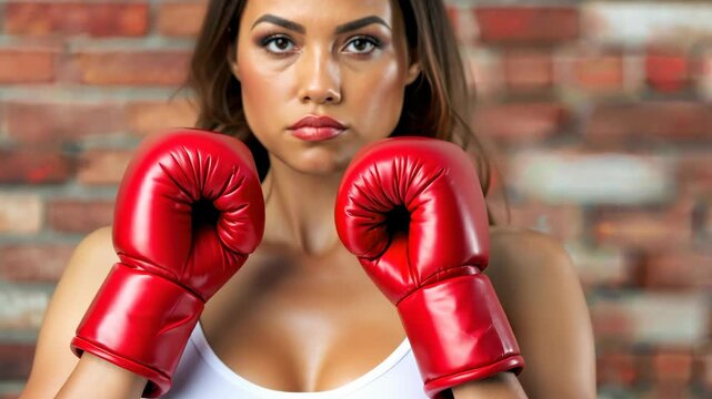 Bold female athlete in red boxing gloves against a brick wall, showcasing strength and determination.