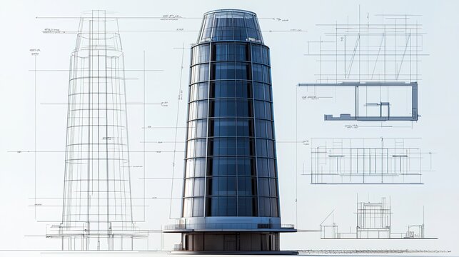 A modern architectural design featuring a sleek building model with blueprints and technical drawings.