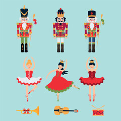 Fototapeta premium Christmas set of nutcrackers, ballerinas and violins on blue. 