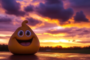 Happy cartoon character at sunset picturesque landscape
