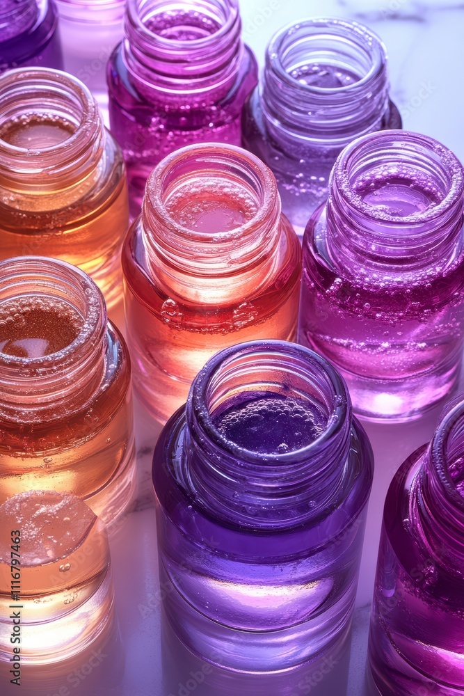 Poster captivating array of colorful liquid-filled bottles showcasing artistic design and vibrant hues