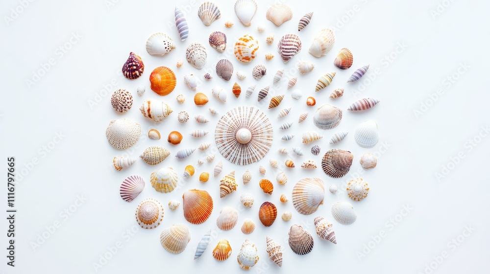 Poster a stunning array of seashells, meticulously arranged in a circular design, creates a captivating foc
