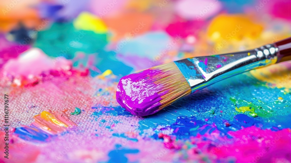 Poster a vivid array of paint dollops on a palette, bursting with color and creativity, set against a soft,